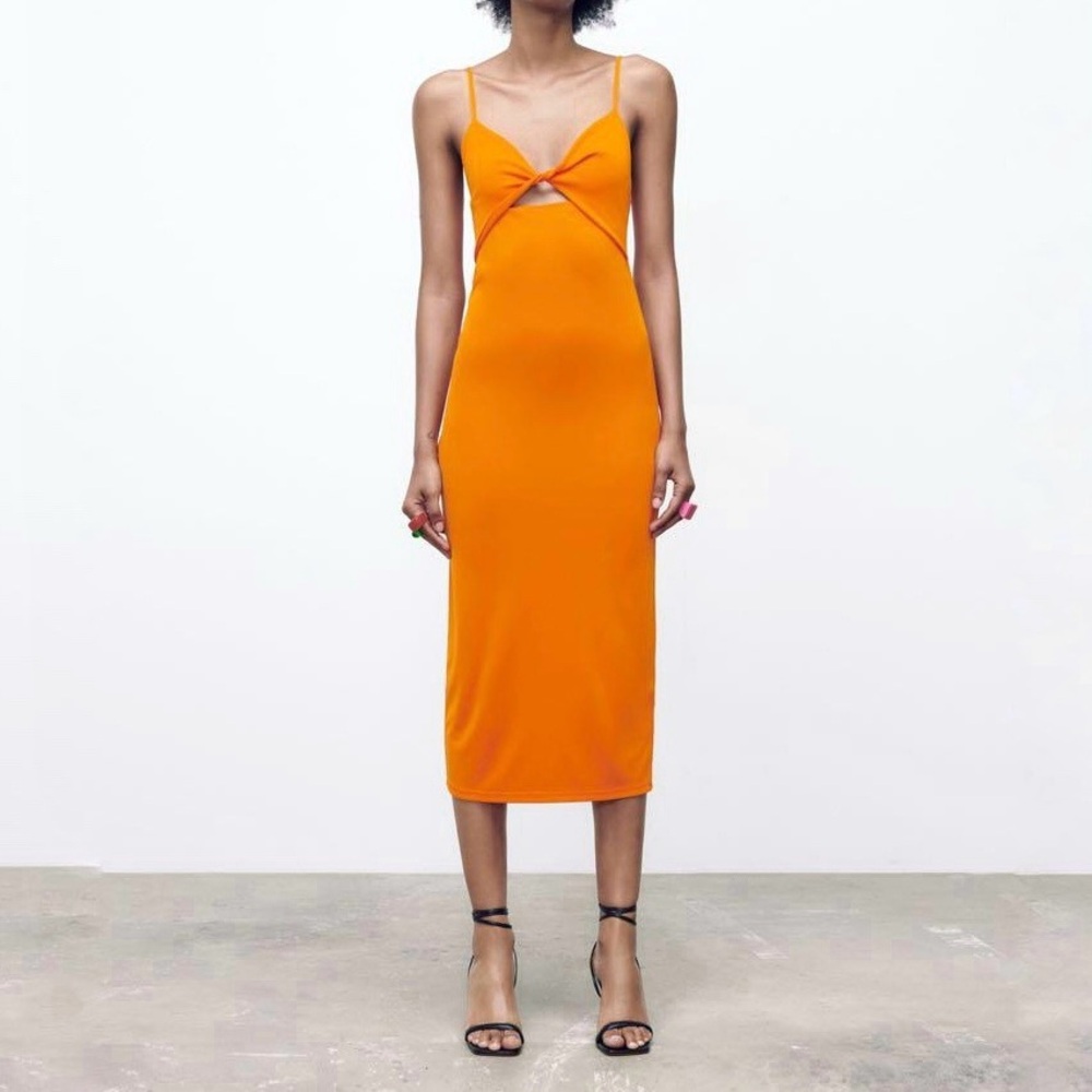 Zara orange cut-out twist spaghetti strap midi dress size small